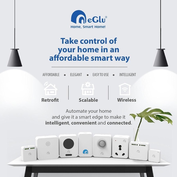 A clean, minimalist product lineup display showing various smart home sensors and controllers against a white background with focused lighting.