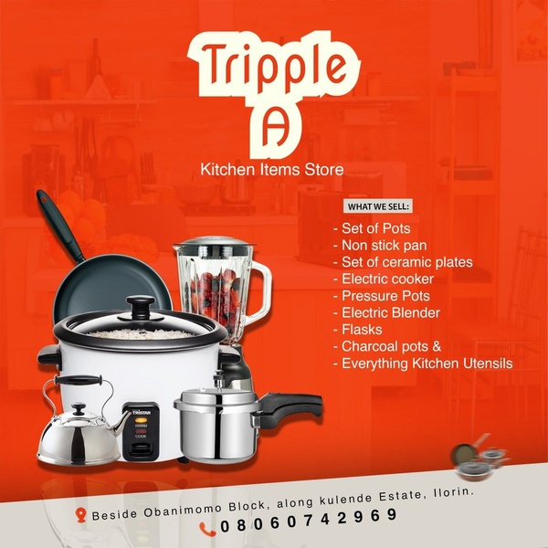 A clear, informational catalog-style advertisement showcasing a range of kitchen appliances like rice cookers, pressure pots, and blenders against a bright orange background.