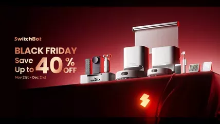 A high-contrast 16:9 promotional creative featuring a wide variety of smart home products arranged on a red surface, highlighting a 40% discount.