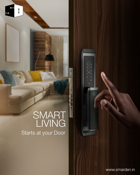 A close-up shot of a human hand interacting with a modern smart lock, framed against a blurred, elegant home interior.