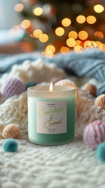 A close-up of a scented candle on a soft white knit blanket, surrounded by colorful craft balls with a warm, glowing tree in the background.