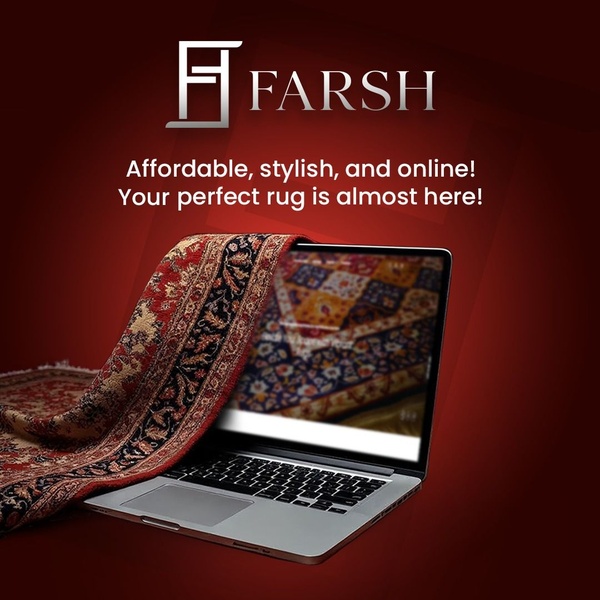 A high-quality image of an ornate rug draped over an open laptop screen, set against a solid deep red background.