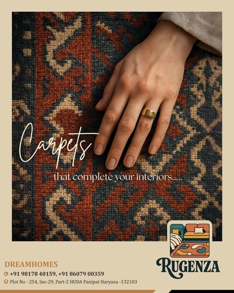 This creative focuses on the tactile texture of the product by positioning a human hand gently on the carpet, emphasizing luxury and home comfort.