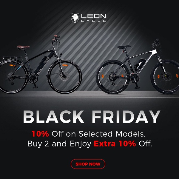 A high-contrast promotional graphic featuring two electric bike models displayed against a dark background, highlighting a Black Friday discount offer.