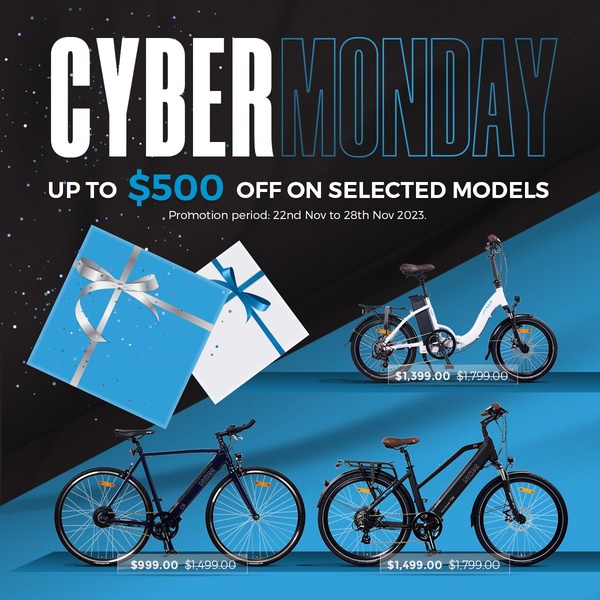 This ad creative utilizes a gift-themed promotional layout to showcase discount pricing across three distinct e-bike models.
