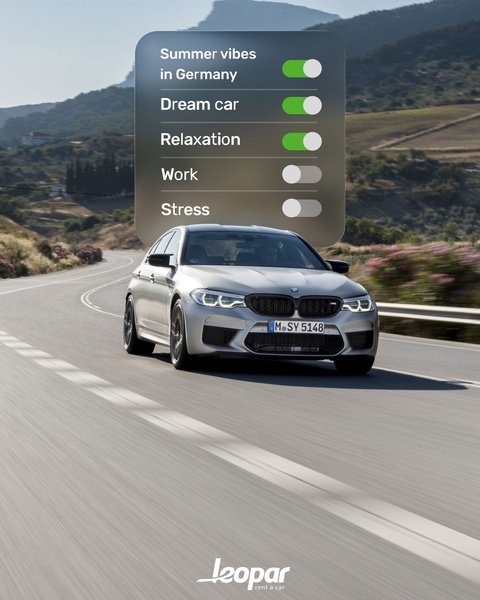 A high-end luxury vehicle rental ad featuring a mobile-style interface that highlights vacation benefits while silencing professional stress.