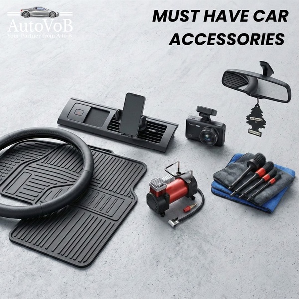A clean, top-down flat lay view showing a curated collection of essential car interior maintenance and utility accessories.