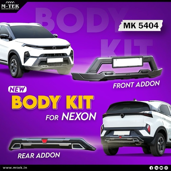 The creative shows a front and rear body kit for a white vehicle, isolating each component against a vibrant purple backdrop to highlight specific design changes.