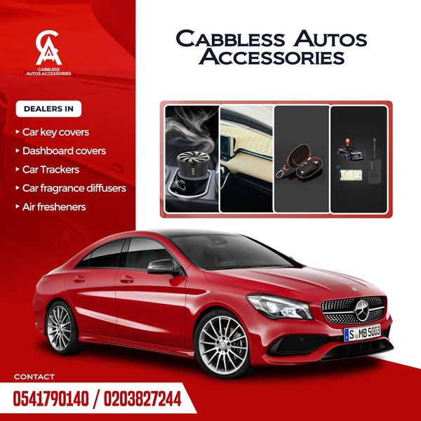 A clean, high-contrast grid advertisement showcasing five different car accessory product lines alongside a luxury car visual.