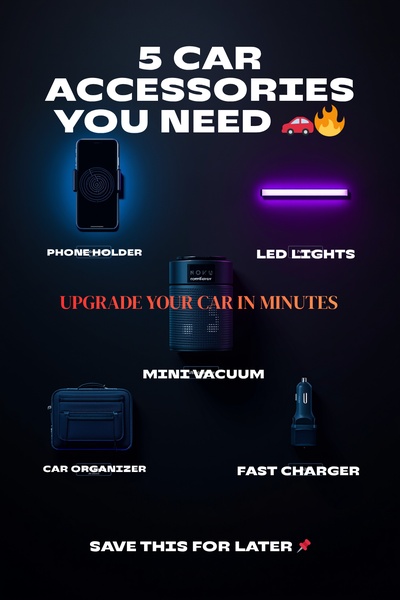 A high-contrast listicle ad featuring five essential items to upgrade a car, presented in a clean, dark-mode style with clear text overlays.