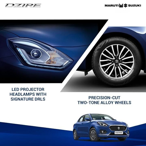 A clean, two-part visual split showcasing the LED projector headlamps and precision-cut two-tone alloy wheels of a blue sedan.