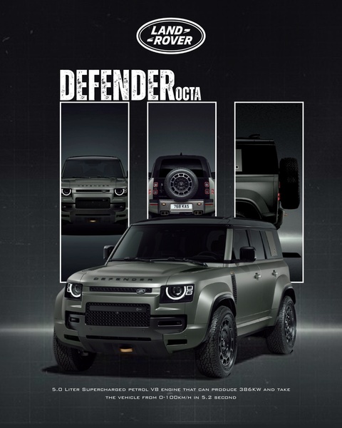 A high-contrast, professional product photography ad showcasing a luxury SUV from the front, rear, and side, featuring technical performance specifications.