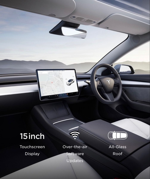 A high-quality interior view of an electric vehicle highlighting the 15-inch touchscreen, software updates, and all-glass roof.