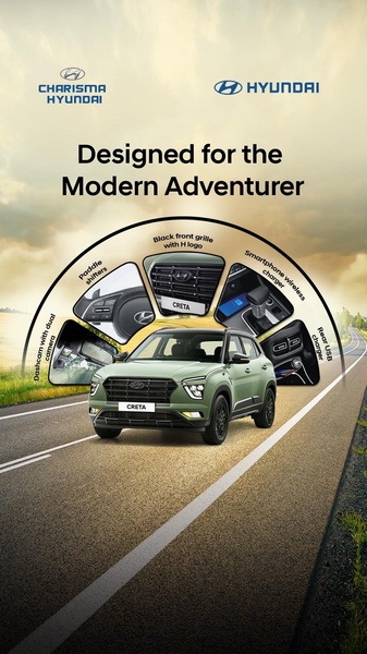 An SUV feature showcase highlighting essential vehicle specifications against an open road background, targeting the modern adventurer.