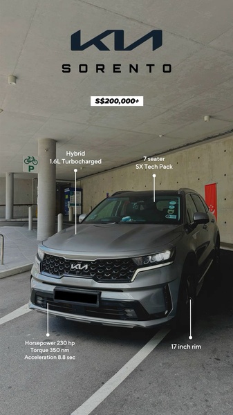 This creative uses a clear technical overlay on a static SUV image to highlight key vehicle specs like engine type, seating capacity, and performance data.