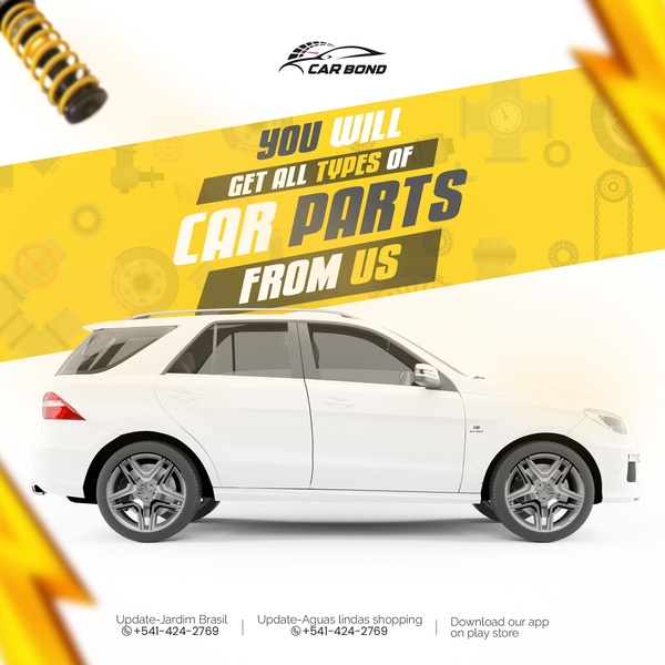 A high-contrast advertisement for car parts, featuring a white vehicle on a yellow background with a clear value-proposition headline.
