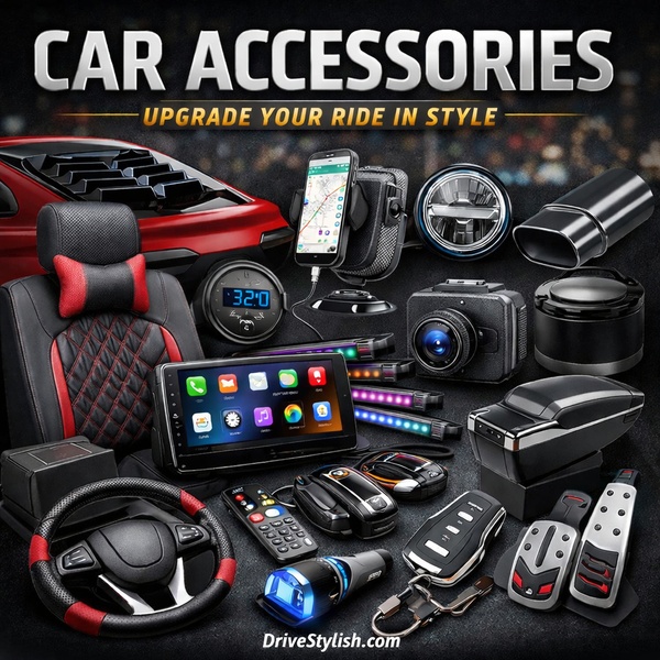 A comprehensive, high-contrast visual showcase of various premium car accessories arranged for maximum impact on a dark, professional backdrop.
