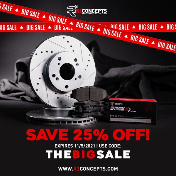 A high-contrast 1_1 ad creative featuring performance brake discs and pads on a dark studio background, utilizing a bold 'Big Sale' banner.
