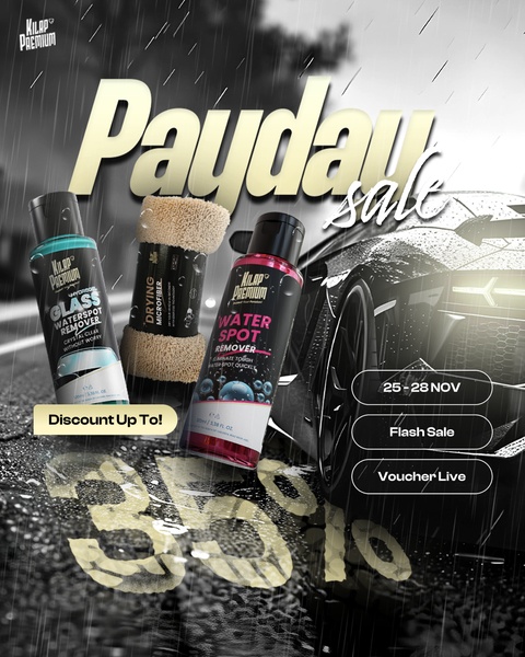 A 4:5 promotional graphic featuring car care products set against a sleek automotive backdrop with bold, high-contrast typography announcing a discount sale.