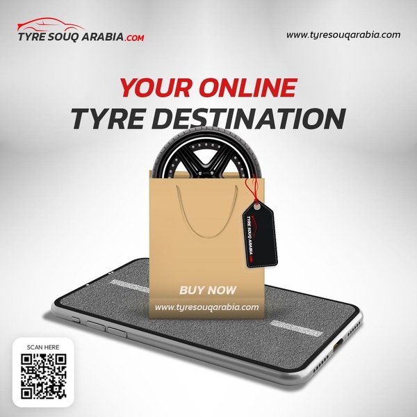 A square-ratio graphic showing a tyre inside a shopping bag placed on a smartphone screen, suggesting an online store for automotive parts.
