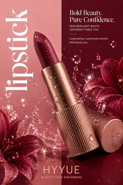A luxury lipstick product shot featuring soft-focus florals and water splashes to emphasize freshness and high-end texture.