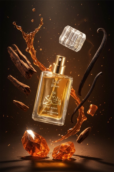 A high-end product hero shot featuring a perfume bottle suspended in mid-air, surrounded by floating wood shards, vanilla beans, and glowing amber crystals.