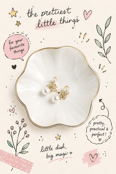 A close-up of delicate earrings placed inside a small, elegant white dish, enhanced with whimsical, hand-drawn illustrations and soft typography.