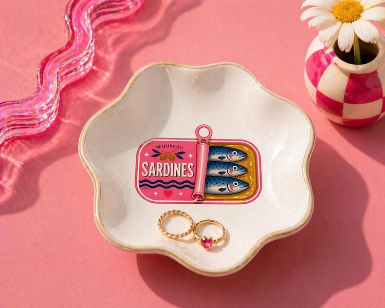 A high-angle, bright studio shot featuring a scalloped ceramic dish with a decorative sardine tin illustration, holding two gold rings on a vibrant pink background.