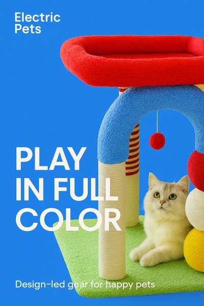 A design-focused, studio-quality photograph of a vibrant, multi-colored cat tower featuring a cat resting in a minimalist set with a solid blue background.