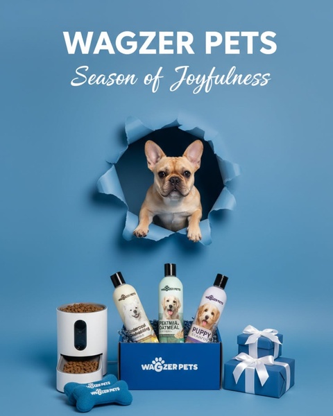 A seasonal product hero shot featuring puppy shampoo and a dog food feeder emerging through a blue paper-cut background.