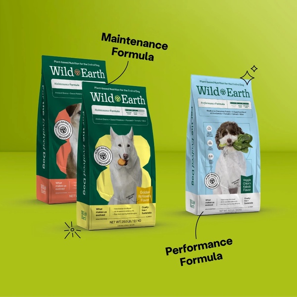 A clear, well-lit studio shot featuring three bags of plant-based dog food, highlighting Maintenance and Performance formulas to inform pet owners of their options.
