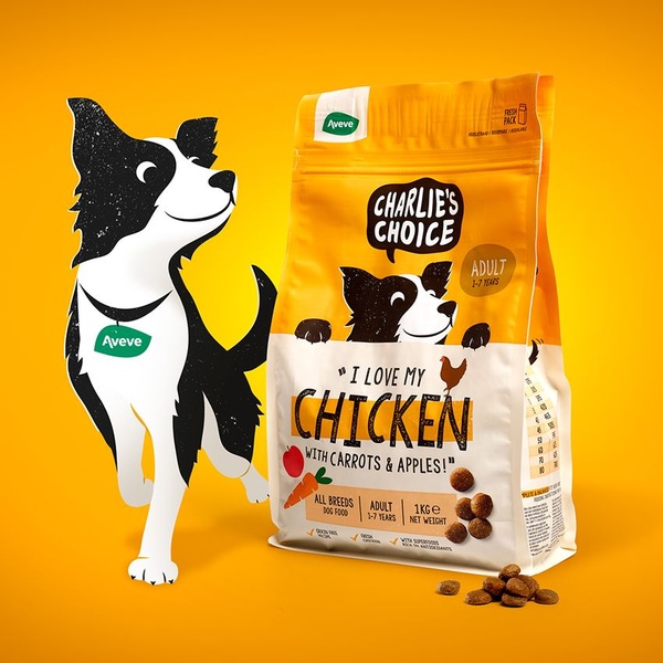 A high-contrast 1:1 ad creative for dog food using a stylized cartoon dog character alongside a product bag, set against a vibrant yellow background.