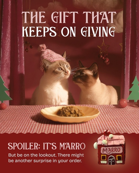 A festive 4:5 vertical ad featuring two cats in holiday attire sitting at a table with cat food, using warm lighting and a seasonal set design.