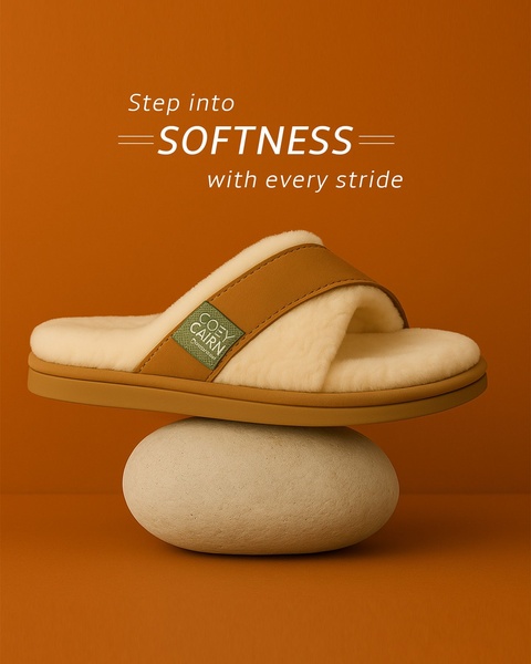 A high-contrast, minimalist studio photograph of a fuzzy slipper balanced on a stone, using an earthy orange backdrop to highlight comfort.