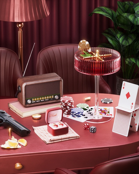 A luxury still-life composition featuring heart-shaped earrings inside an open case on a casino-themed table with poker chips and cards.