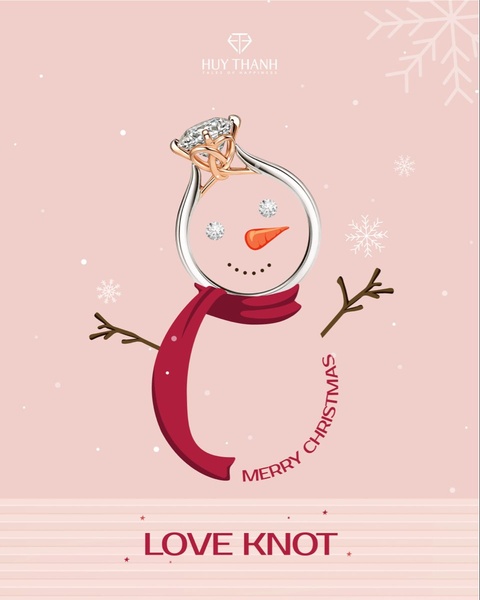 A creative illustration using a diamond ring as the face and torso of a snowman, set against a pastel pink winter background.