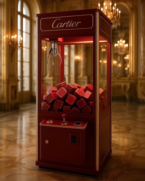 A high-end claw machine filled with premium red jewelry boxes, set within an opulent ballroom environment.