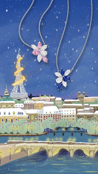 A high-end jewelry advertisement featuring two necklaces suspended against a whimsical, hand-drawn illustration of the Eiffel Tower in a snowy Parisian setting.