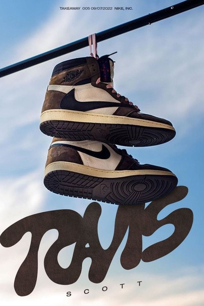 A vertical composition showcasing a pair of high-top running shoes suspended against a clear blue sky, utilizing oversized, stylized typography for brand impact.