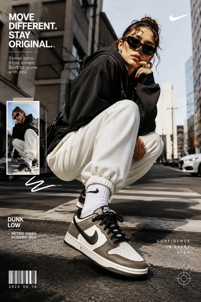 A high-fashion lifestyle shot featuring a model in a crouched pose, highlighting the sneaker's design against an urban city backdrop.