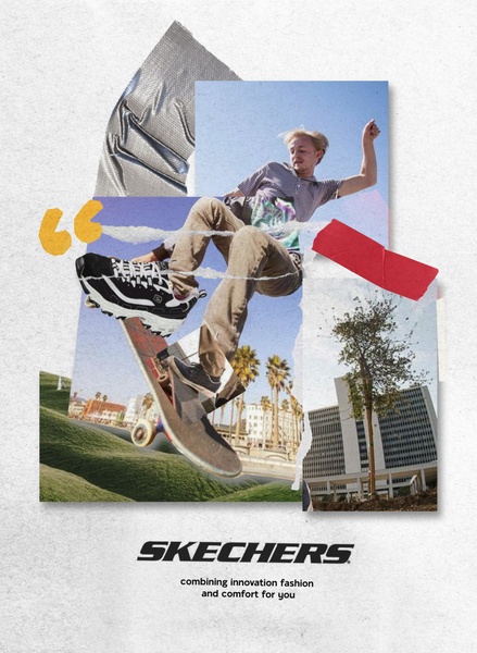 A high-energy collage featuring a skateboarder mid-air wearing the product, emphasizing movement and street-style aesthetic.