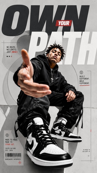 A vertical-format lifestyle ad featuring a sneaker wearer in a street-style setting, using bold typography to project authority and brand identity.