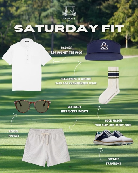 A clean, organized flat-lay display of a complete golf outfit including a polo, shorts, visor, socks, shoes, and sunglasses, set against a blurred fairway background.