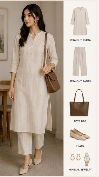 A split-screen ad creative displaying a full-length model shot on the left and individual item components with clear labels on the right.