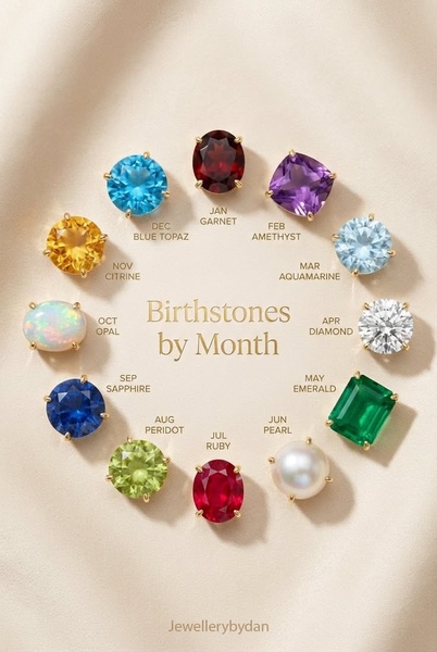 A sophisticated, top-down product arrangement showcasing twelve different gemstones arranged in a circle to represent each month of the year.