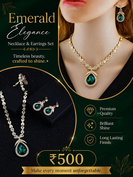 A high-end 3:4 product ad featuring an emerald green necklace and earring set on a model and a dark, moody background.