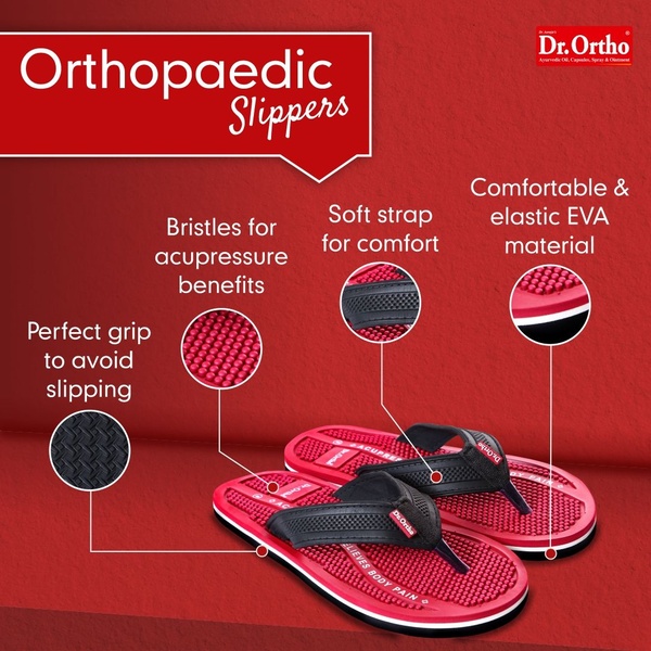 A square, high-contrast product advertisement that uses callout lines to highlight specific functional components of the slippers.