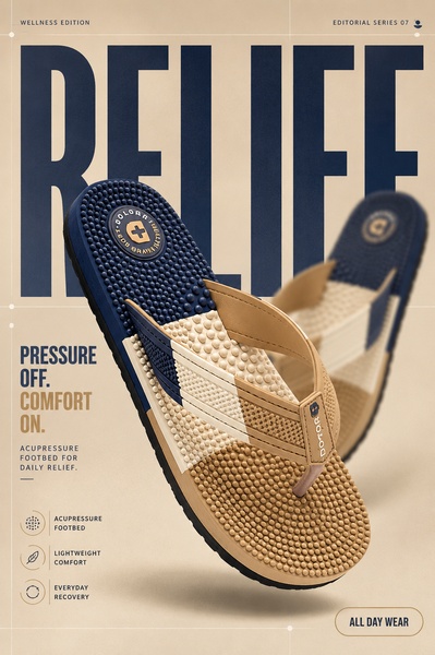 A high-quality studio shot of acupressure flip flops floating against a neutral background, highlighting the textured footbed design.