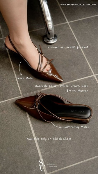 A high-clarity, vertical product showcase featuring two variations of mules with direct labeling and color availability for simplified shopping.