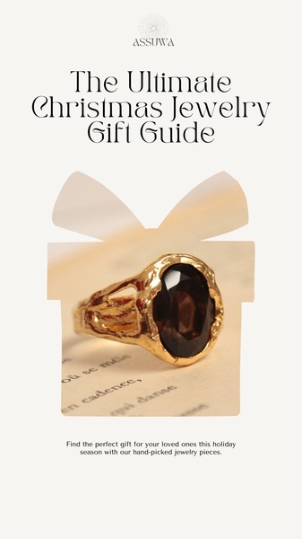 A high-end, seasonal jewelry gift guide featuring a ring centered inside a gift box graphic.